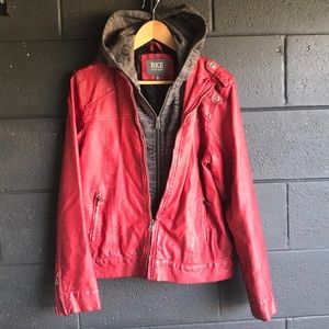 BKE Women’s large red hooded leather Coat